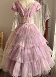 Sweet Prom Dress Short Sleeves Tulle Pleated Evening Dress Gala Dress Birthday Party Dress HZ0319