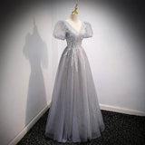 Gray A-Line Sequins Short Sleeves Formal Evening Dress Long Prom Dress HZ0319