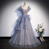 Gray A Line Prom Dress Puff Sleeves Formal Evening Dress Sweet Party Dress HZ0319