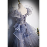 Gray A Line Prom Dress Puff Sleeves Formal Evening Dress Sweet Party Dress HZ0319