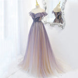 Purple Shiny A Line Tulle Prom Dress Off Shoulder Long Evening Gown HZ0319