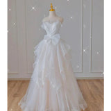 White French Strapless Wedding Gown Bow Tie Long Prom Dress HZ0319
