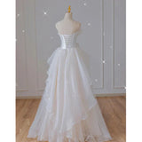 White French Strapless Wedding Gown Bow Tie Long Prom Dress HZ0319