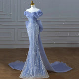 Blue Beaded Mermaid Prom Dress Off Shoulder Sparkly Long Evening Dress HZ0319