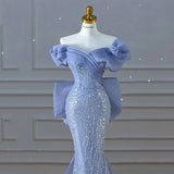 Blue Beaded Mermaid Prom Dress Off Shoulder Sparkly Long Evening Dress HZ0319