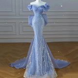 Blue Beaded Mermaid Prom Dress Off Shoulder Sparkly Long Evening Dress HZ0319