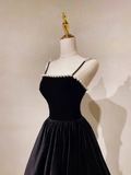Black Spaghetti Straps A-Line Velvet Long Formal Prom Dress HZ0319