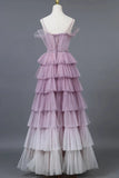 Ombre Spaghetti Straps Tiered A-Line Formal Dress Princess Long Prom Gown HZ0319