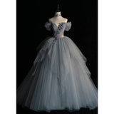 Off Shoulder Fluffy Ball Gown Blue Gray Tulle Formal Dress Evening Gown HZ0319