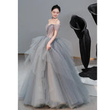 Off Shoulder Fluffy Ball Gown Blue Gray Tulle Formal Dress Evening Gown HZ0319