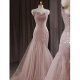 Pink Shiny Tulle Mermaid Prom Dress Fairy Formal Evening Dress HZ0319