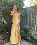 Spaghetti Straps Yellow Long Sheath Prom Dress With Slit HZ0319