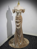 Gold Off-shoulder Sequin Mermaid Long Evening Dress with Train HZ0319