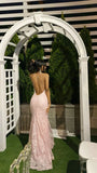 Mermaid Pink Tulle Lace Long Prom Dresses Backless Evening Party Dress HZ0319