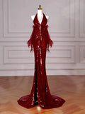 Red Halter Sequin Mermaid Long Prom Dress Evening Party Dress HZ0319