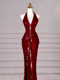 Red Halter Sequin Mermaid Long Prom Dress Evening Party Dress HZ0319
