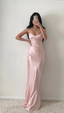 Pink Halter Neck Long Prom Dresses Sheath Satin Evening Dress HZ0319