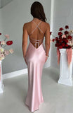 Pink Halter Neck Long Prom Dresses Sheath Satin Evening Dress HZ0319