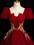 Wine Red Satin Short Sleeves Prom Dress, Wine Red Satin Party Dress HZ0319