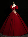 Wine Red Satin Short Sleeves Prom Dress, Wine Red Satin Party Dress HZ0319