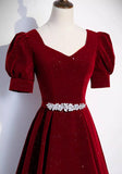 Wine Red Velvet Short Sleeves Prom Dress, Wine Red A-line Party Dress HZ0319