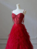 Red Sweetheart Tulle Layers Straps Prom Dress, Red Long Party Dress HZ0319
