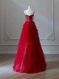 Red Sweetheart Tulle Layers Straps Prom Dress, Red Long Party Dress HZ0319