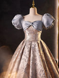 Lovely A-Line Floral Satin Short Sleeves Long Prom Dress Formal Gown HZ0319