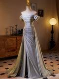 Shiny Sliver Grey A-line Long Formal Dress, Simple Grey Off Shoulder Prom Dress HZ0319