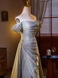 Shiny Sliver Grey A-line Long Formal Dress, Simple Grey Off Shoulder Prom Dress HZ0319