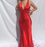 V Neck Red Mermaid Satin Long Prom Dress Formal Party Dress HZ0319