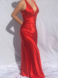 V Neck Red Mermaid Satin Long Prom Dress Formal Party Dress HZ0319