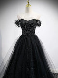 Off The Shoulder Shiny Tulle Long Prom Dress A Line Black Evening Dress HZ0319