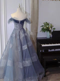 Off The Shoulder Blue Tulle A Line Long Prom Dress HZ0319