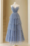 Shiny Blue Straps A Line Layered Long Prom Dress Beaded Birthday Gown HZ0319