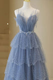 Shiny Blue Straps A Line Layered Long Prom Dress Beaded Birthday Gown HZ0319