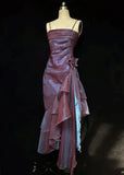 Vintage Spaghetti Straps Sheath Chiffon Ruffled Long Prom Dress HZ0319