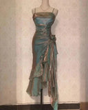 Vintage Spaghetti Straps Asymmetrical Chiffon Long Party Dress HZ0319