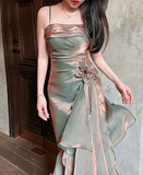 Vintage Spaghetti Straps Asymmetrical Chiffon Long Party Dress HZ0319
