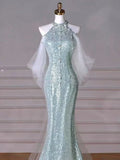 Tiffany Blue Mermaid Sequins Long Prom Dress Formal Party Gown HZ0319