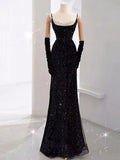 Black Straps Sequin Mermaid Long Prom Dress Evening Gown HZ0319