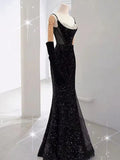 Black Straps Sequin Mermaid Long Prom Dress Evening Gown HZ0319