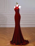 Wine Red Halter Mermaid Velvet Birthday Party Dress Prom Dress HZ0319