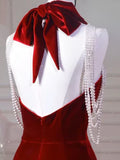 Wine Red Halter Mermaid Velvet Birthday Party Dress Prom Dress HZ0319