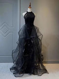 Black Halter A Line Ruffled Evening Dress Long Prom Dress HZ0319