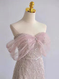 Pink A-Line Off The Shoulder Sequin Long Prom Dress Birthday Outfits HZ0319