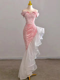 Off The Shoulder Pink Mermaid Ruffle Velvet Long Prom Dress HZ0319