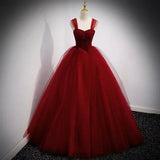 A-Line Burgundy Tulle Long Prom Dress Birthday Party Gown HZ0319