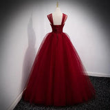 A-Line Burgundy Tulle Long Prom Dress Birthday Party Gown HZ0319