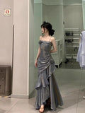 Grey Spaghetti Straps Vintage Sheath Chiffon Long Evening Gown HZ0319